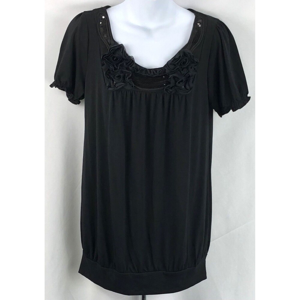 NWT Rachael & Chloe BabyDoll Long Top M Blk Floral Rosettes Sequins whimsigoth